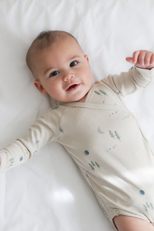 Burrow & Be Midnight Forest Kimono Bodysuit New Born Beige baby wraparound