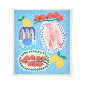 Swedish Style Dish Cloths S/2 - Sardines/Sicily Two kitchen towels with sardine can and tomato design
