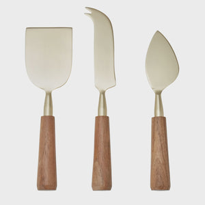 Amalfi Acacia Wood & Stainless Steel Cheese Knife 3pcs Set Gold & Walnut