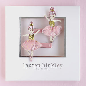 Ava Ballet Hair Clips Two ballerina-themed hair clips in a box with 'lauren hinkley' branding