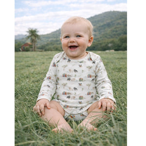 Blue Bunny New Zealand Baby Clothes Farm Muster Long Sleeve Bodysuit Baby bodysuit with animal and house pattern