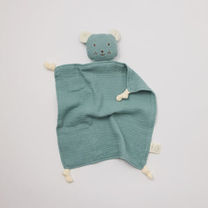 Over the dundelions Organic Muslin Bear Lovey Sage with Milk ears Teal baby comfort