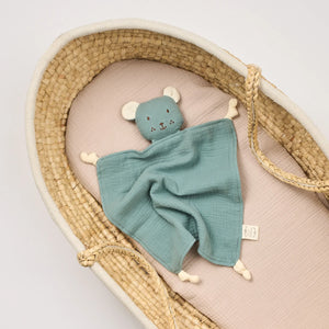 Over the dundelions Organic Muslin Bear Lovey Sage with Milk ears Teal baby comfort