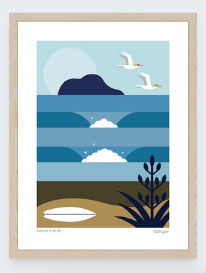 Contemporary Frame with Glass Euro - A stylized coastal landscape art print featuring layered blue water, a dark blue island silhouette, two white birds flying, white clouds, a tan sandy shore, and dark blue plants, with small text at the bottom reading 'GOOD DAY AT THE BAY'.