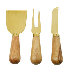 DAVIS & WADDELL ACACIA & BRASS CHEESE KNIVES SET OF 3 NATURAL