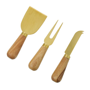 DAVIS & WADDELL ACACIA & BRASS CHEESE KNIVES SET OF 3 NATURAL