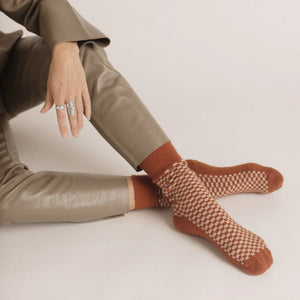 nooan Dunedin Possum Merino Wool Socks - Burnt Orange Chess