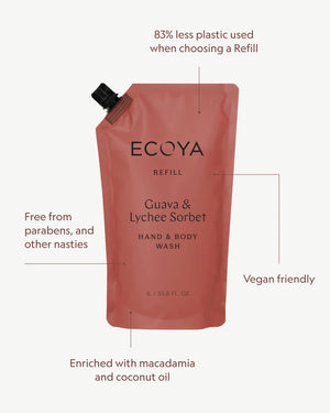 ECOYA Hand & Body Wash Refill 1L - Guava & Lychee Sorbet