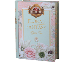 Basilur Tea 'Floral Fantasy' Ceylon Tea box packaging, featuring a pastel pink and mint green floral design with illustrations of roses, anemone, and white flowers. Floral Fantasy Volume III Tea Book - 100g Loose Leaf Green Tea