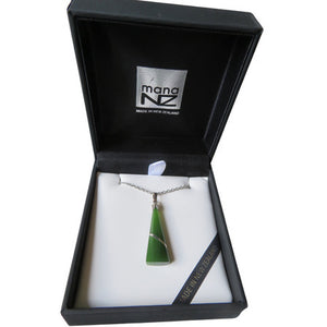 NZ Greenstone Wedge-shaped pendant 3.2cm with silver thread