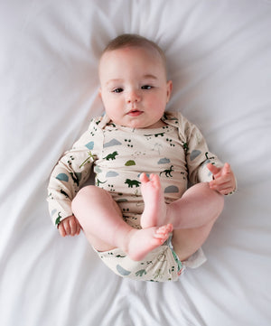 Burrow & Be Jurassic Roam Long Sleeve Bodysuit Baby onesie with dinosaur pattern
