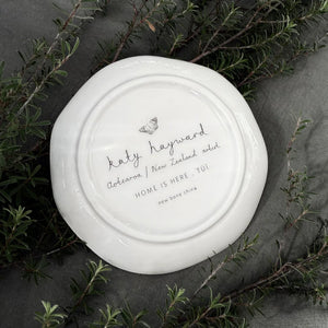 KATY HAYWARD Trinket Dish - Home Is Here - Tui Round ceramic plate with a bird and floral design
