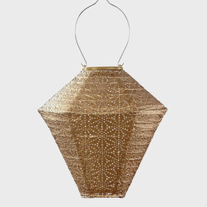 LUMIZ nz Lantern Diamond 28cm - Gold Sashiko A hanging geometric lantern made of textured woven material with a star cutout pattern