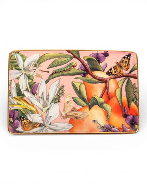La La Land - Bountiful Harvest - Rectangle Trinket Tray Decorative tray with a colorful botanical design featuring butterflies and flowers on a pink background.