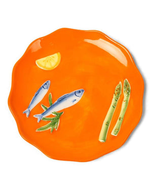 La La Land - Sardines - Stoneware Plate Orange plate with fish, lemon, and asparagus design