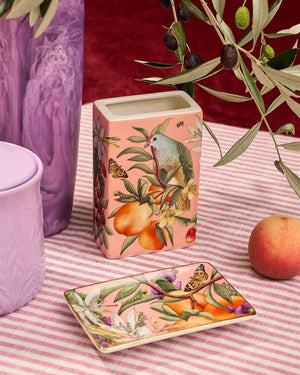 La La Land - Bountiful Harvest - Rectangle Trinket Tray Decorative tray with a colorful botanical design featuring butterflies and flowers on a pink background.