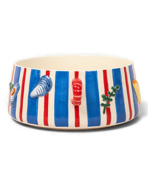 La La Land - Prawn - Stoneware Pot A ceramic pet bowl featuring a blue and red vertical stripe pattern with raised seashell and shellfish motifs