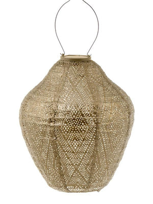 LUMIZ Lantern Jar 30cm - Gold Ikat A natural woven rattan hanging lantern with a geometric cutout pattern