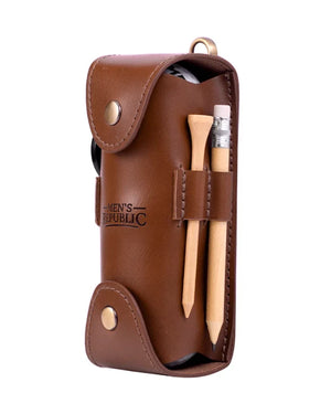 A brown leather pencil case with a snap closure and a side loop holding two wooden pencils, shown on a plain white background. The brand name 'MEN'S REPUBLIC' is embossed on the front.