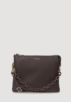SABEN SS26 Matilda Crossbody - Cacao + Tonal Chain dark brown pebbled leather crossbody bag