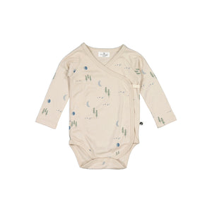 Burrow & Be Midnight Forest Kimono Bodysuit New Born Beige baby wraparound bodysuit