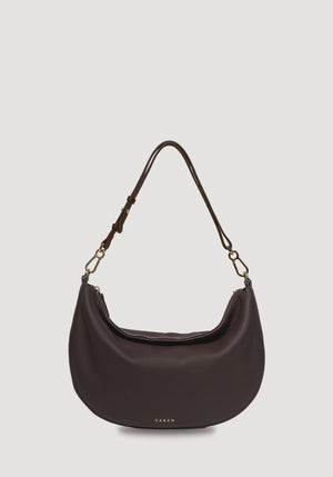SABEN SS26 Noa Shoulder Bag - Cacao Luxe dark brown crescent-shaped leather shoulder bag