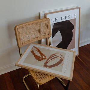 PAPIER HQ ENCLOSED PRINT RUST Abstract art print with brown brush strokes on a beige background, featuring 'Papier Studio' branding.