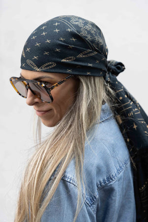 Dark Hampton x Ellie Compton THE QUINNavy blue scarf with gold patterns