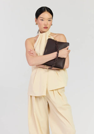 SABEN SS26 Matilda Crossbody - Cacao + Tonal Chain dark brown pebbled leather crossbody bag