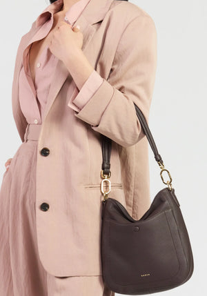 SABEN SS26 Rosie Shoulder Bag - Cacao Luxe dark brown leather shoulder bag