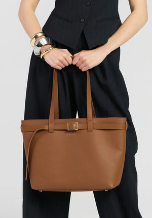 SABEN Tabby Shoulder Bag - Tan + Bronze brown pebbled leather tote bag