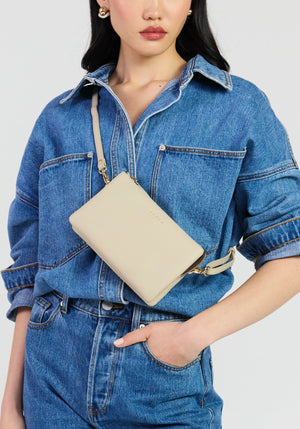 SABEN Tilly Crossbody - Oyster small beige leather wristlet pouch