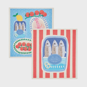 Swedish Style Dish Cloths S/2 - Sardines/Sicily Two kitchen towels with sardine can and tomato design