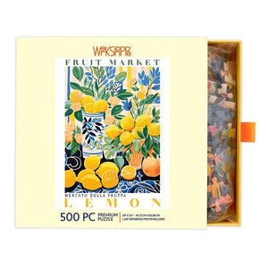 WerkShoppe - Fruit Market Lemons 500 Pce - Puzzle Jigsaw puzzle packaging with lemon design and 'Fruit Market'