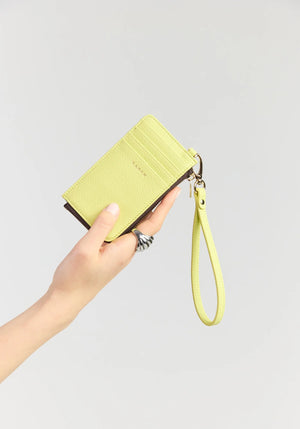 SABEN Winona Card Holder Wristlet - Pistachio lime green textured leather zip-around card holder wallet