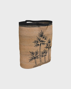 maytime KINTU COLLECTION Linnae Oval Basket - Natural w/Black Palms Jute bag with black palm tree design