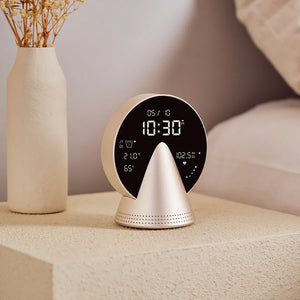 LEXON Conic Radio-Alarm-Bluetooth Speaker - Golden Honey Modern digital clock with temperature, humidity, and time display