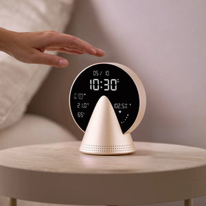 LEXON Conic Radio-Alarm-Bluetooth Speaker - Golden Honey Modern digital clock with temperature, humidity, and time display