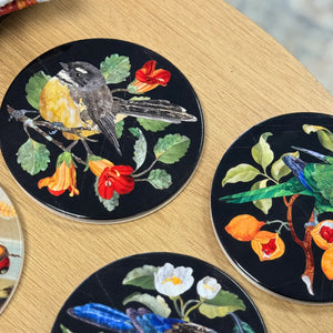 TANYA WOLFKAMP Coaster - Pietra Dura - Kakariki Round coaster with a green parrot and orange fruits design