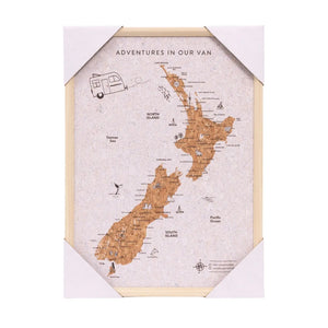Splosh Caravan New Zealand Map Framed map of New Zealand with 'Adventures in Our Van' text and a caravan illustration.