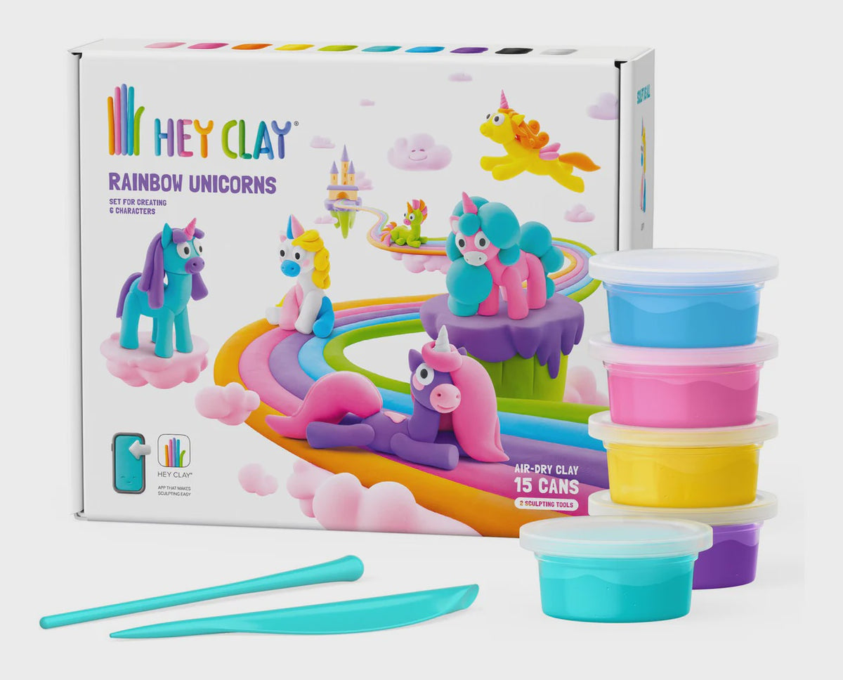 Hey Clay Rainbow Unicorns 15 Cans playset with clay containers and tools