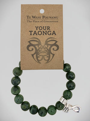 Aroha Charm Nephrite Jade Bead Bracelets Greenstone bracelet with a silver charm on a 'Te Wahi Pouamu' branded card