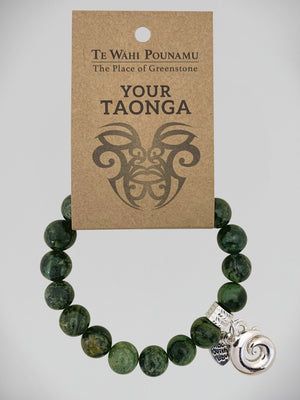 Aroha Charm Nephrite Jade Bead Bracelets Greenstone bracelet with a silver charm on a 'Te Wahi Pouamu' branded card