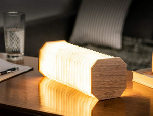 Gingko - Walnut Accordion - Small LED Light A folding paper lantern-style table lamp