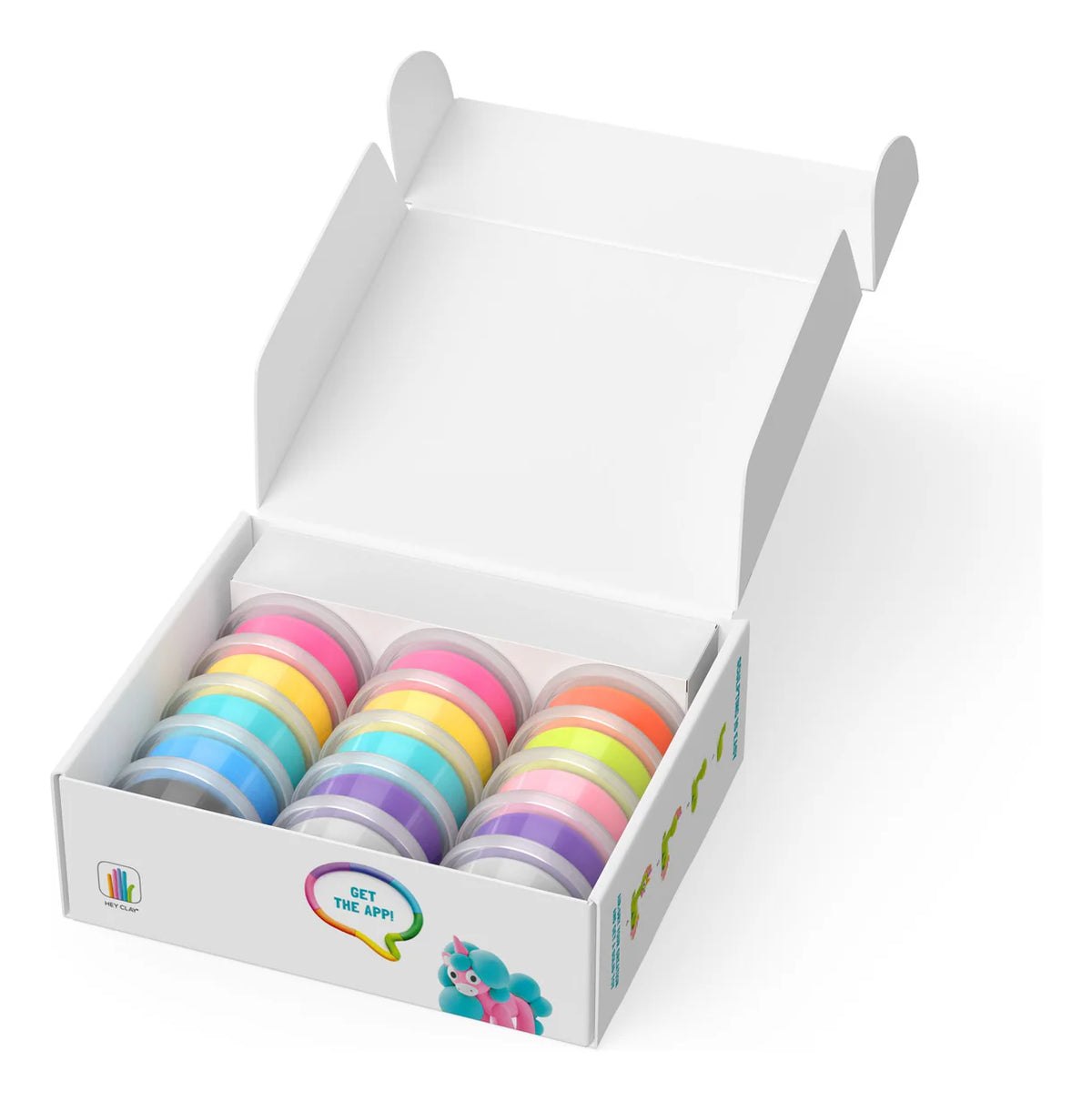 Hey Clay Rainbow Unicorns 15 Cans playset with clay containers and tools