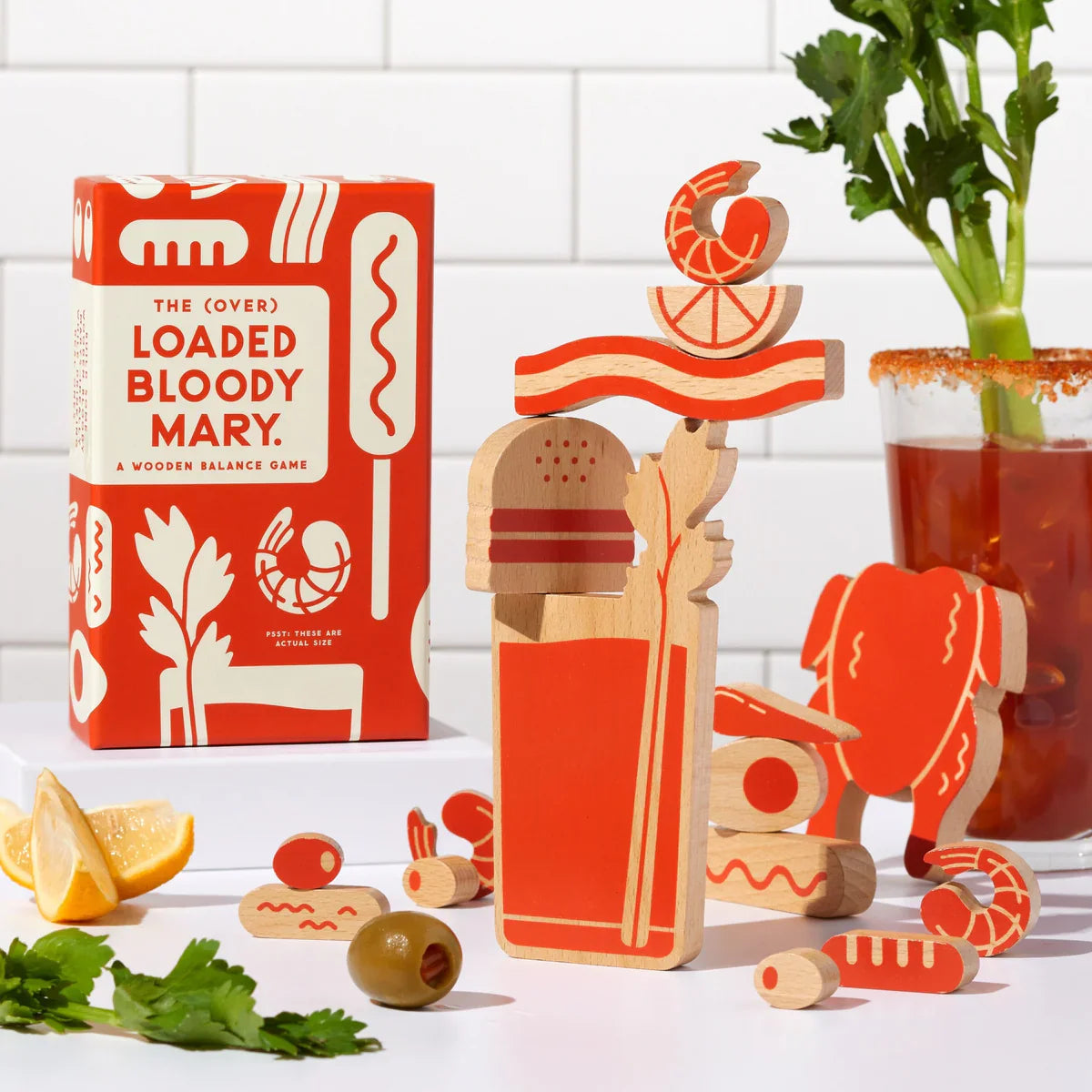 Brass Monkey (Over) Loaded Bloody Mary Balance Game Orange box of 'The Loaded Bloody Mary' wooden