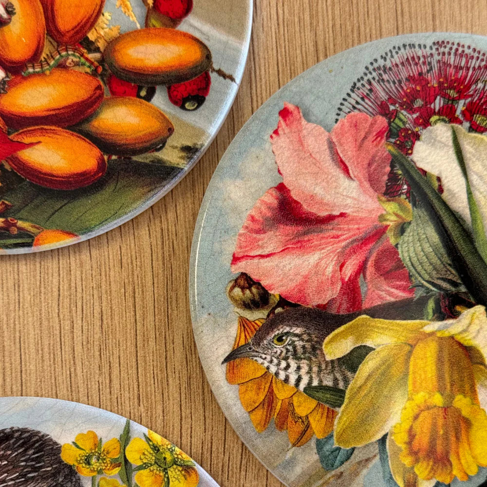 TANYA WOLFKAMP Coaster - Vintage - Kingfisher Round coaster with a bird and floral design