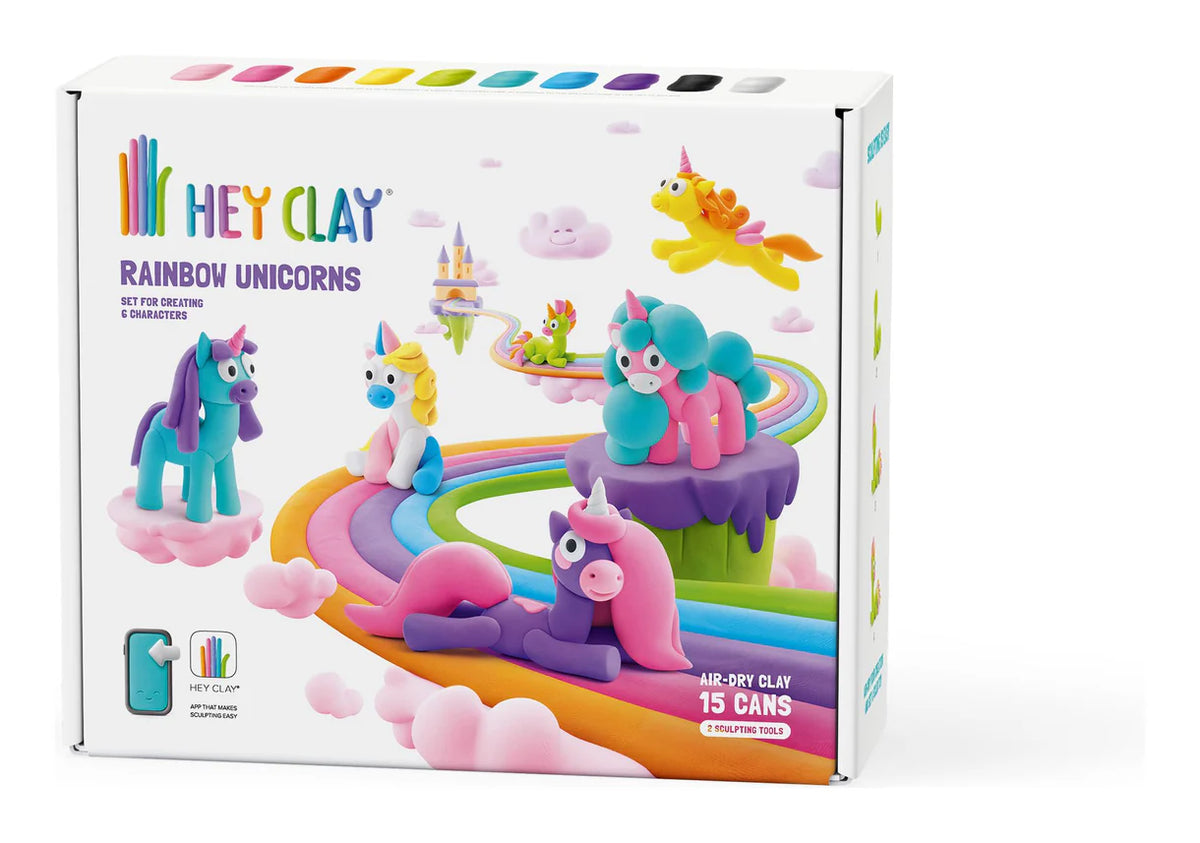 Hey Clay Rainbow Unicorns 15 Cans playset with clay containers and tools