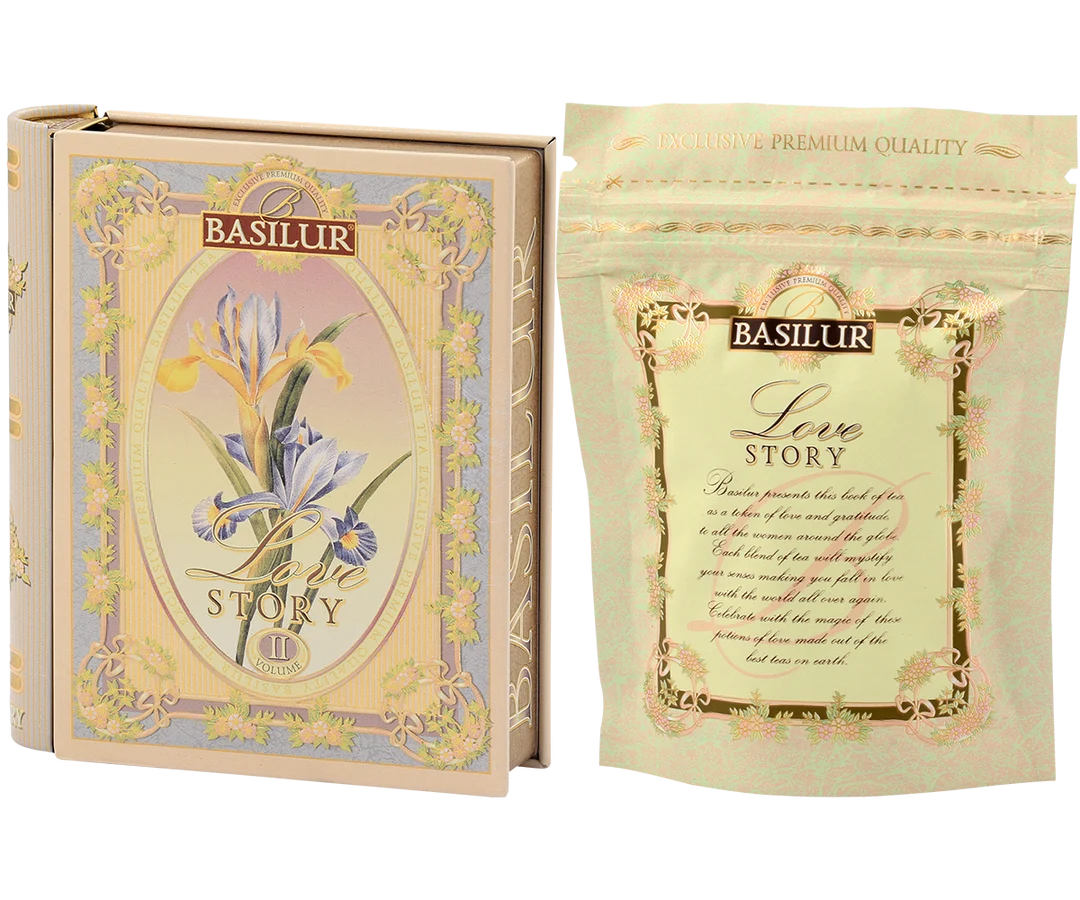'BASILUR' Love Story II - Mini Tea Book - Almond and Rose Black and Green Tea - 5 Pyramid Tea Bags