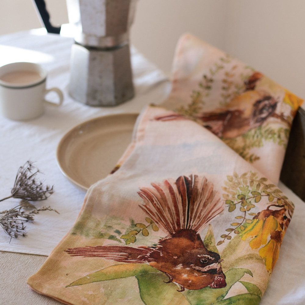 ALI DAVIES TEA TOWEL - PĪWAKAWKA - FANTAIL